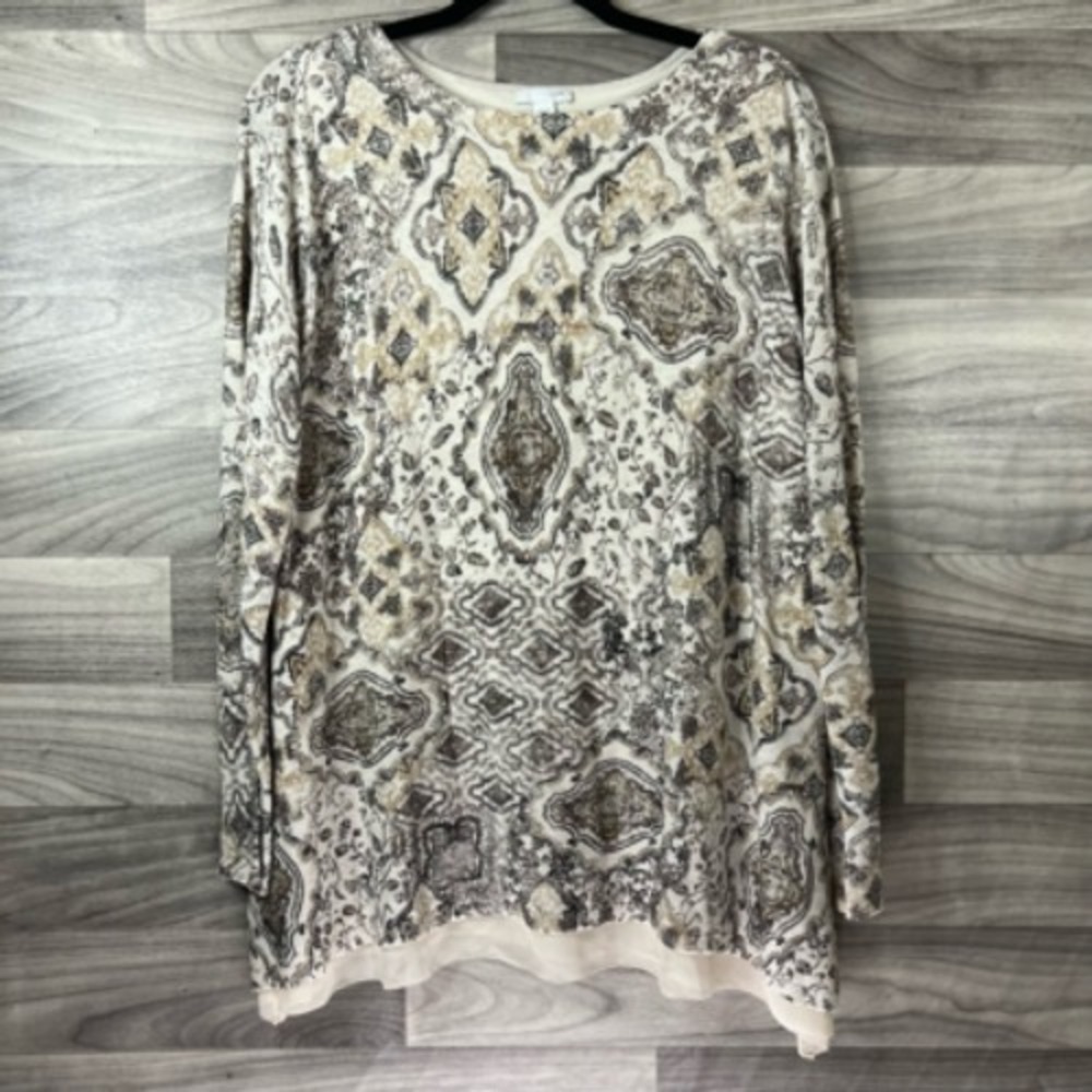 J Jill Tunic Top Women S‎ Beige Damask Long Sleeve Boat Neck Tiered Hem Boho
